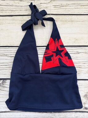 ♡  Cherry Mellow Navy Halter Crop Top with Red Star Accent S